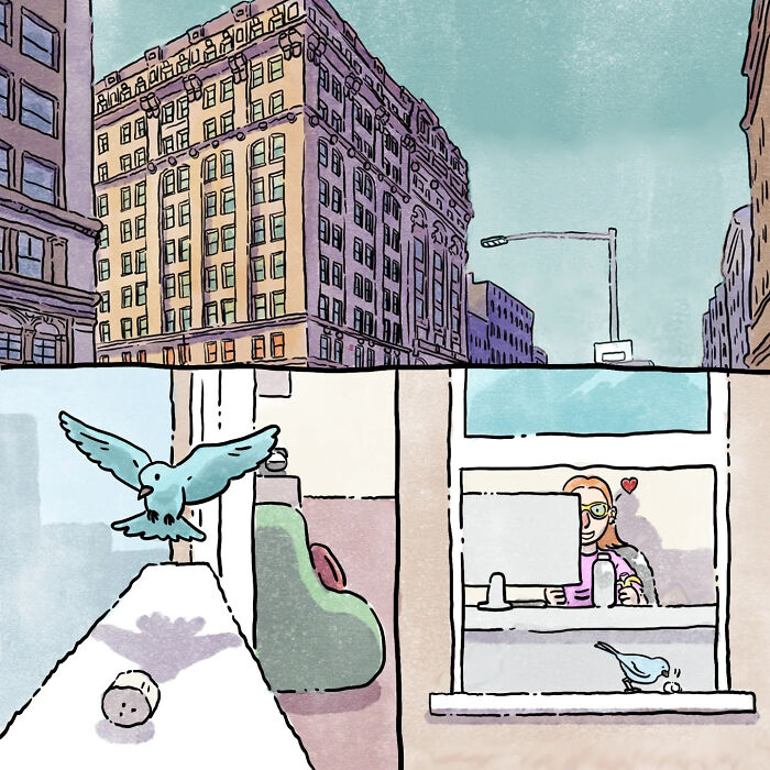 Urban scene with a heartfelt wordless comic showing life with a dog and a cat from an artist’s perspective.