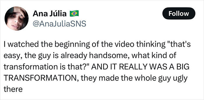 Tweet text criticizing a barber for ruining a homeless man’s makeover, calling it a downgrade and a big transformation. Tweet text criticizing a barber for ruining a homeless man’s makeover, calling it a downgrade and a big transformation.