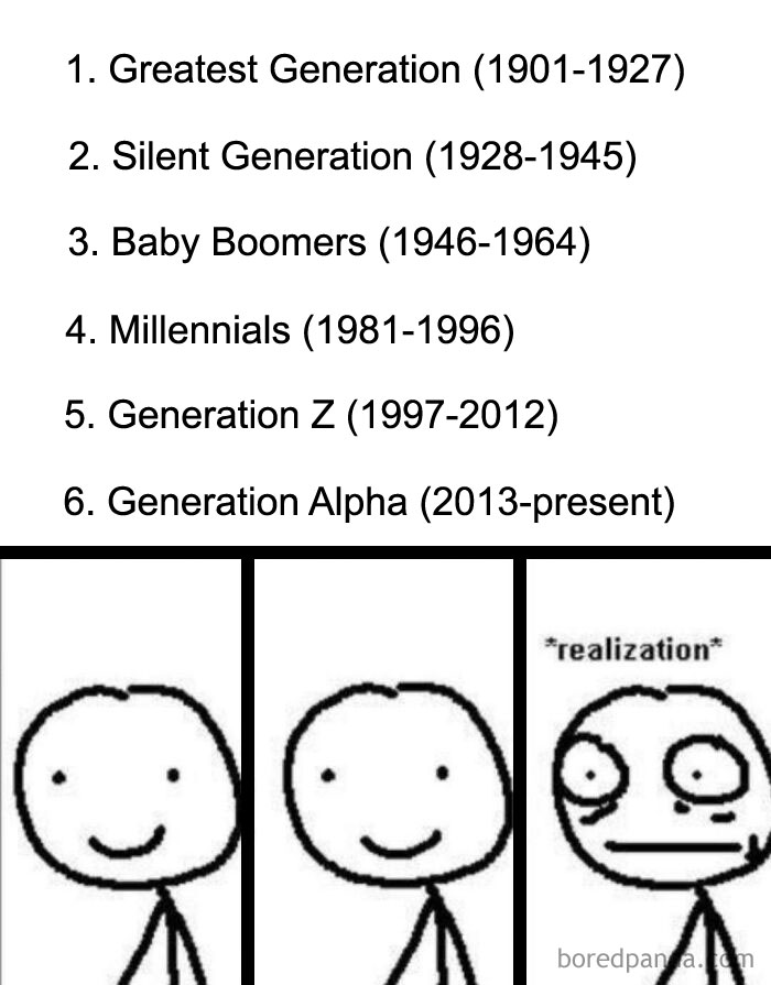 Text meme explaining generational names and years, followed by a stick figure comic showing a realization moment.