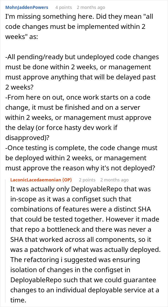 Screenshot of a forum discussion on employee following unworkable deployment rule to the letter causing management to rethink policy. Screenshot of a forum discussion on employee following unworkable deployment rule to the letter causing management to rethink policy.