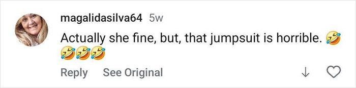 Comment on social media post showing user magalidasilva64 stating she finds the jumpsuit horrible with laughing emojis. Comment on social media post showing user magalidasilva64 stating she finds the jumpsuit horrible with laughing emojis.