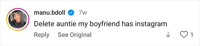 Screenshot of an Instagram comment reading delete auntie my boyfriend has Instagram, related to viral bodybuilding transformation. Screenshot of an Instagram comment reading delete auntie my boyfriend has Instagram, related to viral bodybuilding transformation.