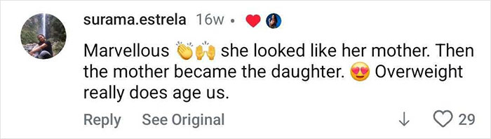 Comment praising a woman’s impressive transformation from overweight to fit, highlighting aging effects reversed. Comment praising a woman’s impressive transformation from overweight to fit, highlighting aging effects reversed.