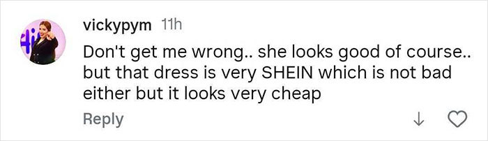 Comment criticizing a skin-tight dress, highlighting reactions related to Ozempic hands and fashion choices. Comment criticizing a skin-tight dress, highlighting reactions related to Ozempic hands and fashion choices.