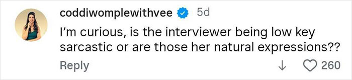 Screenshot of a social media comment questioning if the interviewer is being sarcastic during Meghan Markle's interview roast. Screenshot of a social media comment questioning if the interviewer is being sarcastic during Meghan Markle's interview roast.