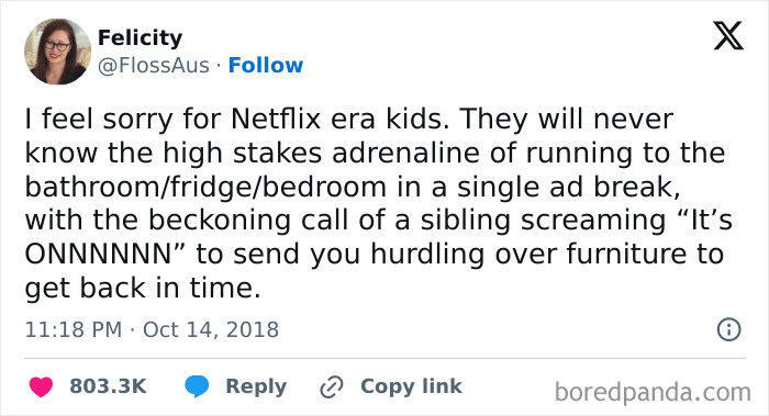 British people comedy tweet about the thrill of racing to the fridge during an ad break in a retro living room setting.