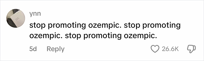 Comment on social media post repeatedly urging to stop promoting Ozempic, highlighting public opinions on the weight loss drug. Comment on social media post repeatedly urging to stop promoting Ozempic, highlighting public opinions on the weight loss drug.
