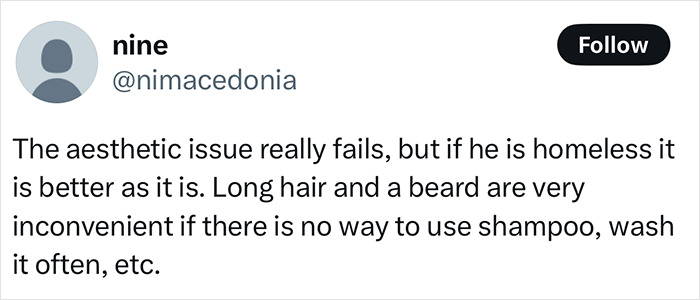 Tweet discussing a homeless man's makeover with opinions on hair care challenges and potential model appearance. Tweet discussing a homeless man's makeover with opinions on hair care challenges and potential model appearance.