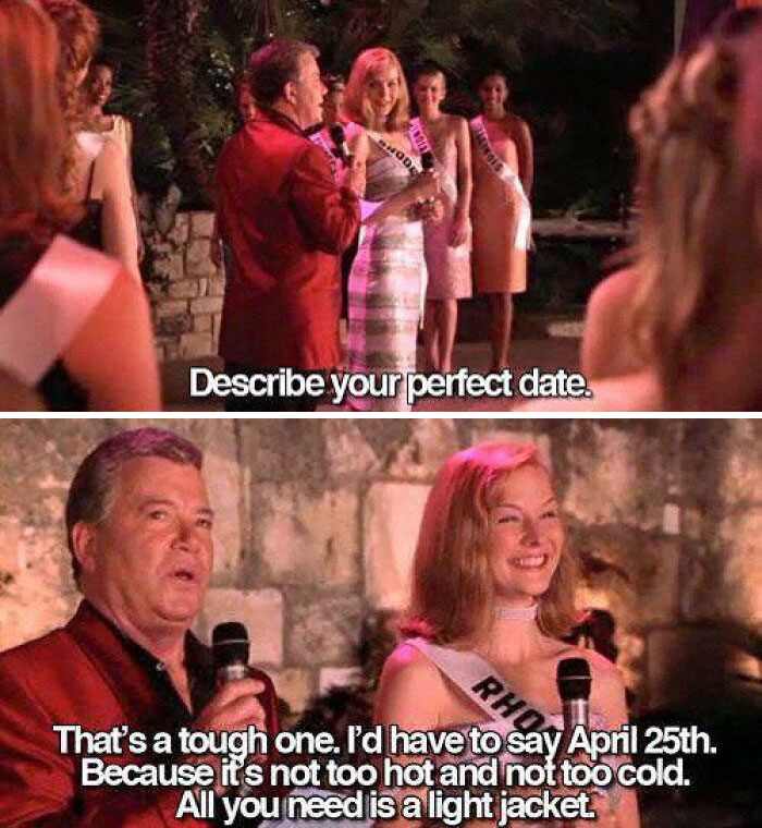 Scene from a pageant with contestants and a host discussing perfect dates, representing online community connection keywords.