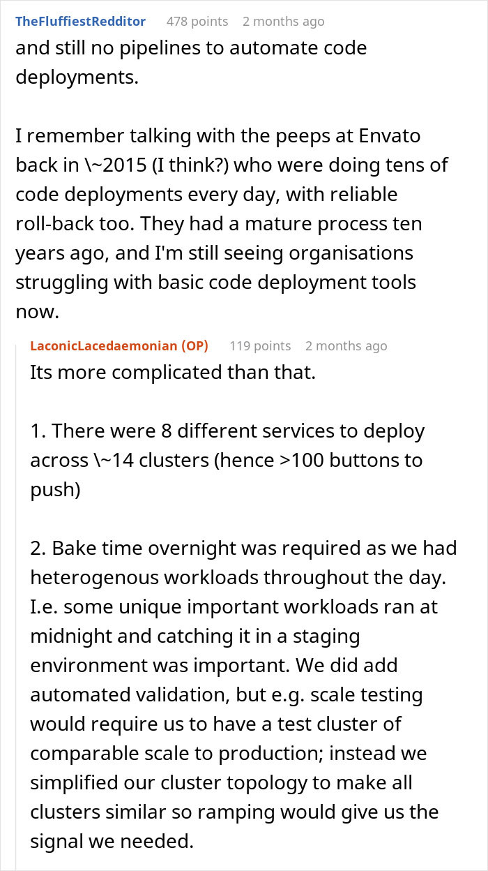 Reddit discussion on complexities of code deployment and employee following unworkable deployment rule strictly. Reddit discussion on complexities of code deployment and employee following unworkable deployment rule strictly.