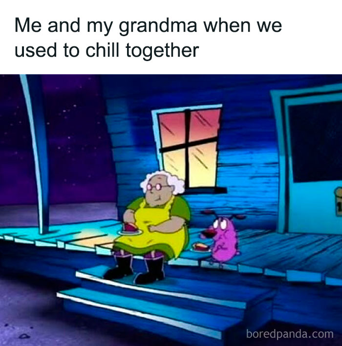 Cartoon grandma and dog sitting on porch steps, evoking nostalgia and the good old days in a nostalgic meme.