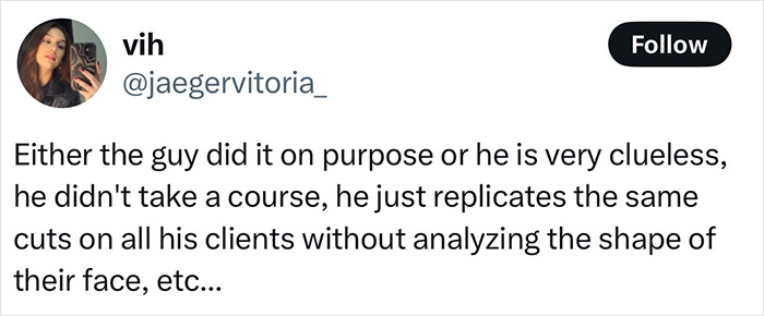 Tweet criticizing a barber for ruining a homeless man’s potential model look by not tailoring the haircut properly. Tweet criticizing a barber for ruining a homeless man’s potential model look by not tailoring the haircut properly.