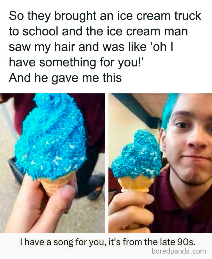 Person with blue hair holding an ice cream cone matching their hair color in a meme asking to explain the joke.