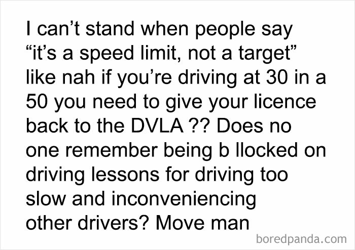 British humour post about driving too slow and license rules, showcasing hilarious British comedian insights in a text screenshot.