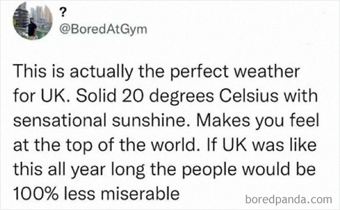 Tweet about perfect UK weather with 20 degrees Celsius and sunshine, highlighting British humour and wit in daily insights.