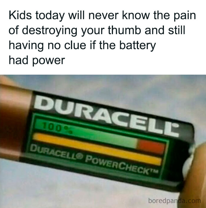 Duracell battery with PowerCheck display, highlighting nostalgic struggles of checking battery power the old way.