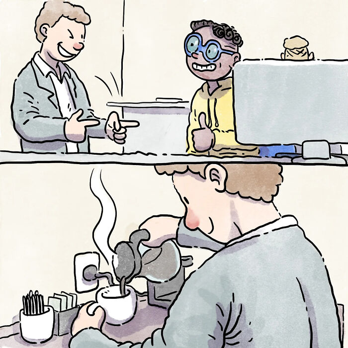 Illustration from wordless comics showing two friends interacting and one pouring coffee, depicting life with a dog and a cat.