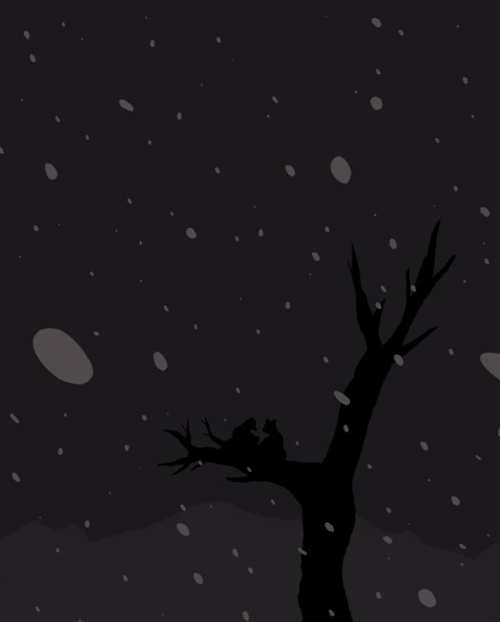 Silhouettes of Ruby and Mo sitting on a tree branch at night, surrounded by falling snow in a comic scene about love and healing.