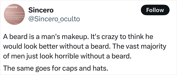 Tweet text discussing men's appearance with and without beards and hats, relating to the homeless man's makeover and barber controversy. Tweet text discussing men's appearance with and without beards and hats, relating to the homeless man's makeover and barber controversy.