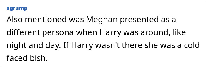 Text post discussing Meghan Markle’s different persona when Prince Harry is present, linked to accusations by flight attendants. Text post discussing Meghan Markle’s different persona when Prince Harry is present, linked to accusations by flight attendants.