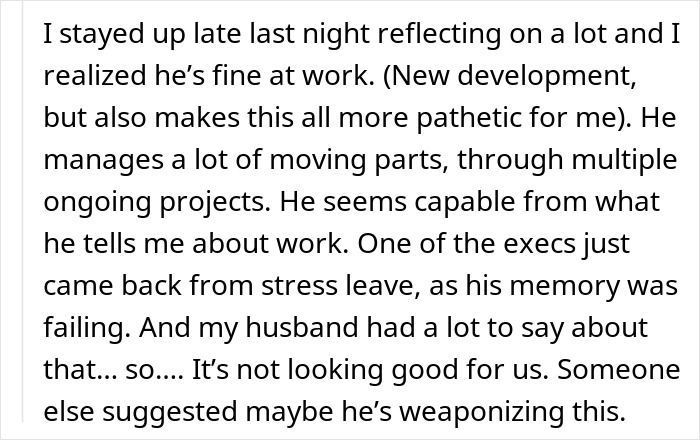 Text excerpt showing a wife reflecting on her husband’s work stress and feeling grossed out, unsure how to respond. Text excerpt showing a wife reflecting on her husband’s work stress and feeling grossed out, unsure how to respond.