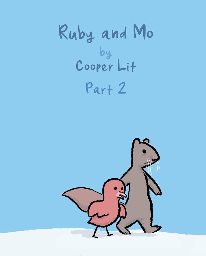 Ruby and Mo comic characters a bird and a whiskered animal walking together, depicting love, loss, and healing themes.