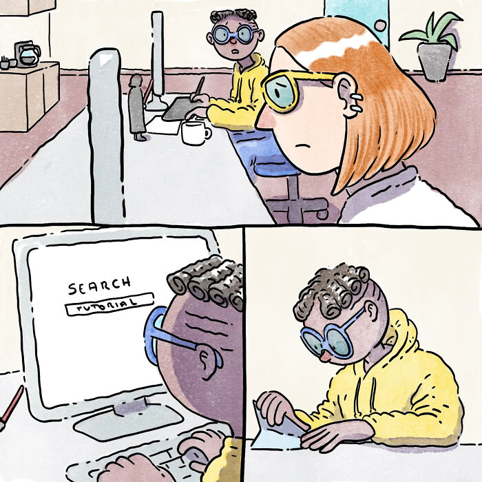 Comic panels showing an artist working on wordless comics about life with a dog and a cat in a cozy workspace.