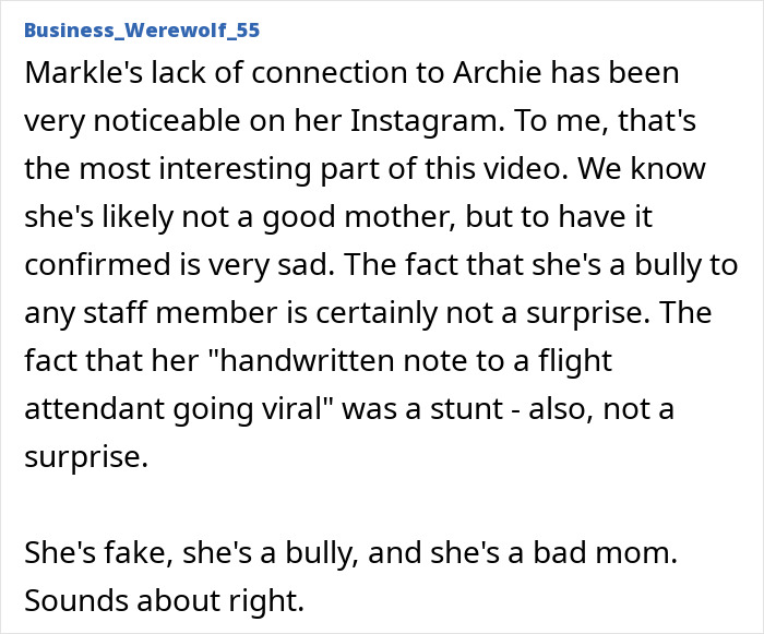 Screenshot of a social media comment criticizing Meghan Markle's treatment of her kids and behavior towards flight attendants. Screenshot of a social media comment criticizing Meghan Markle's treatment of her kids and behavior towards flight attendants.