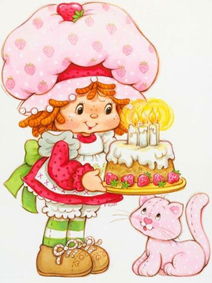 Illustration of a whimsical character with strawberry-themed hat holding a birthday cake with candles, next to a pink cat.