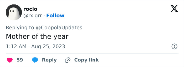 Tweet screenshot showing user rocio replying to @CoppolaUpdates with the comment Mother of the year, discussing nepo grandbaby slammed as talentless. Tweet screenshot showing user rocio replying to @CoppolaUpdates with the comment Mother of the year, discussing nepo grandbaby slammed as talentless.