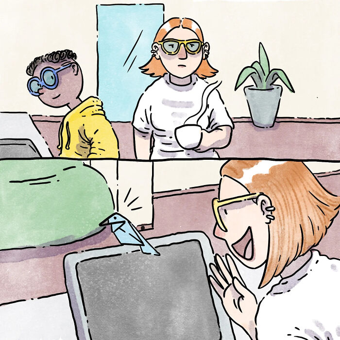 Illustration from wordless comics showing a woman and a bird interacting, reflecting life with a dog and a cat.