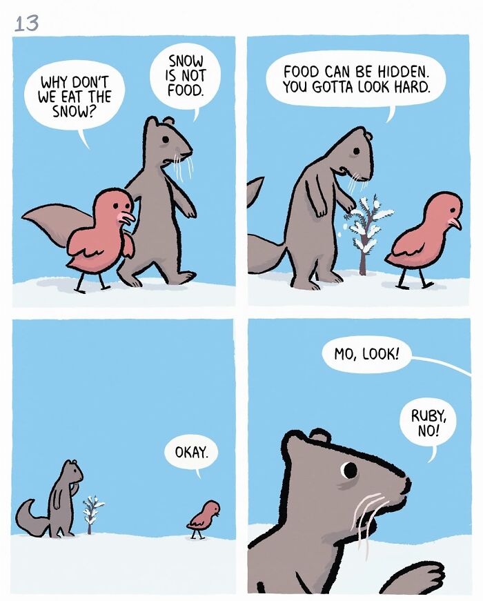 Comic panel from Ruby and Mo showing two animals discussing love, loss, and healing in a snowy setting.