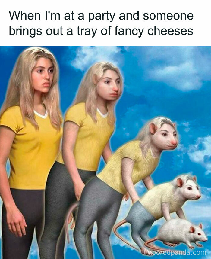 Surreal image showing transformation from human to rat, illustrating humor shared by a Facebook group for Millennial and Gen Z outsiders.