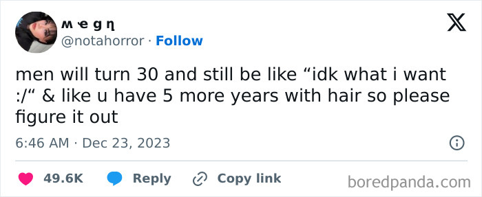 Tweet showing a humorous message about men turning 30 and their hair concerns, fitting funniest memes theme.