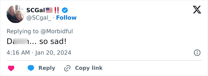 Tweet showing user SCGal expressing sadness in reply to another user, related to woman face torn apart by chimpanzee story. Tweet showing user SCGal expressing sadness in reply to another user, related to woman face torn apart by chimpanzee story.