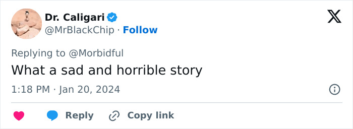 Tweet from Dr. Caligari commenting on a story about a woman whose face was torn apart by a chimpanzee. Tweet from Dr. Caligari commenting on a story about a woman whose face was torn apart by a chimpanzee.