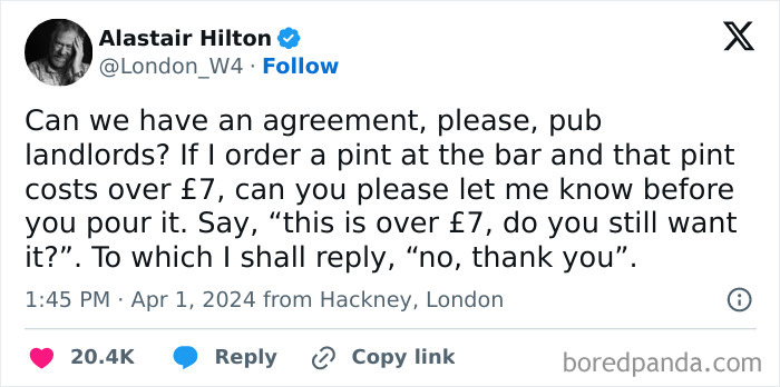 Tweet about pub landlords informing customers of pint prices over £7 before pouring, highlighting British humor and comedy.