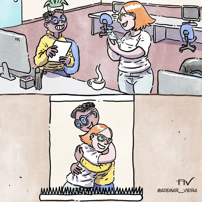 Illustration of heartfelt moments in wordless comics about life with a dog and a cat by an artist.