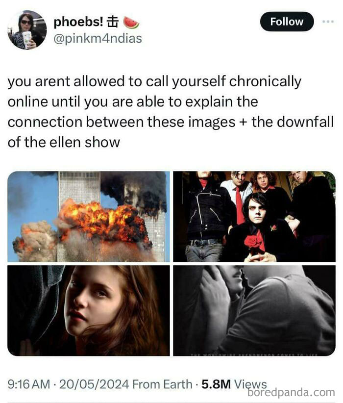 Tweet humor about explaining memes using images referencing 9/11, a rock band, and popular culture to explain the joke.