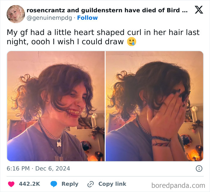 Twitter post showing a girl with a heart shaped curl in her hair, capturing a relatable smile today cry tomorrow moment.