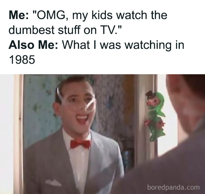 Adult reflecting on nostalgic TV shows from 1985, highlighting memes about nostalgia for the good old days.