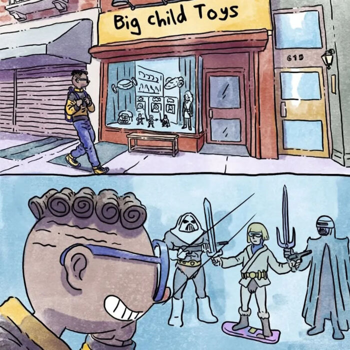 Illustration of a person looking at toy figures, inspired by heartfelt wordless comics about life with a dog and a cat.