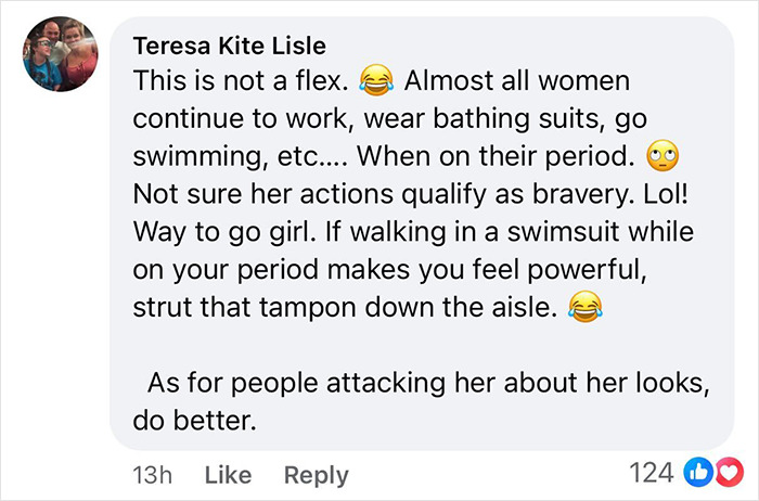 Comment mocking Olympic star bragging about walking runway on her period, women respond with sarcasm and humor. Comment mocking Olympic star bragging about walking runway on her period, women respond with sarcasm and humor.