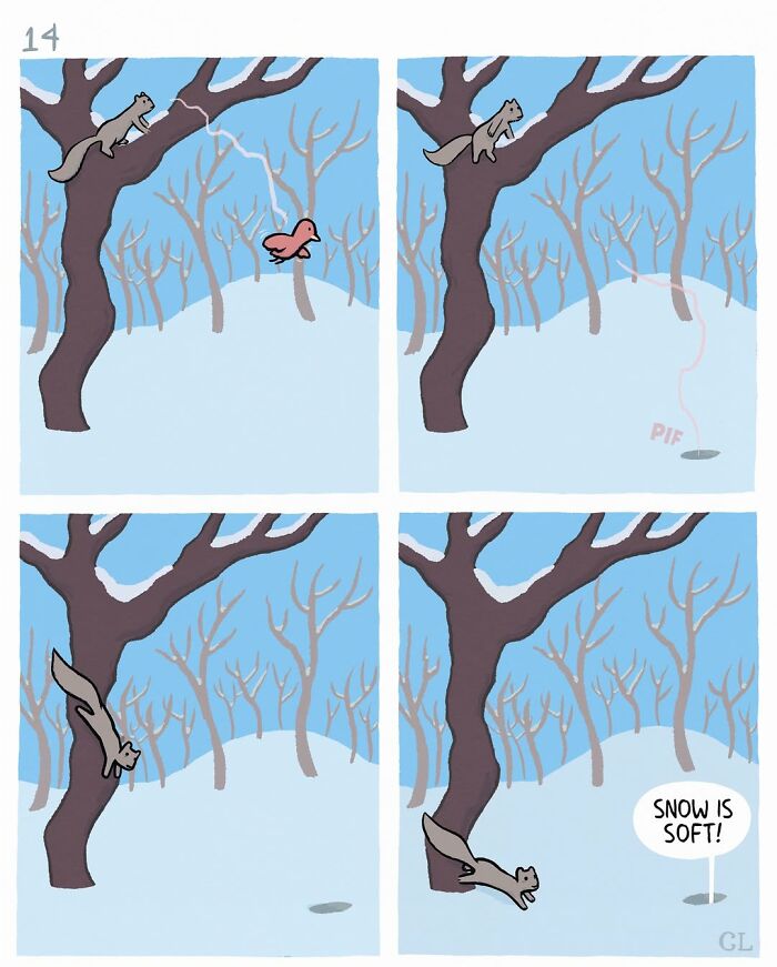 Comic panels show a squirrel and bird in a snowy forest, depicting a Ruby and Mo comic about love, loss, and healing.