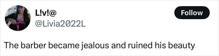 Screenshot of a tweet about a homeless man's viral downgrade makeover after barber slammed for ruining potential model look. Screenshot of a tweet about a homeless man's viral downgrade makeover after barber slammed for ruining potential model look.