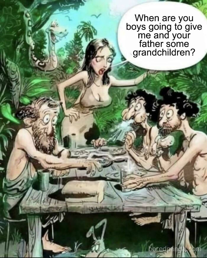 Cartoon of a woman asking three shocked men at a table about giving grandchildren, illustrating explain the joke meme concept.