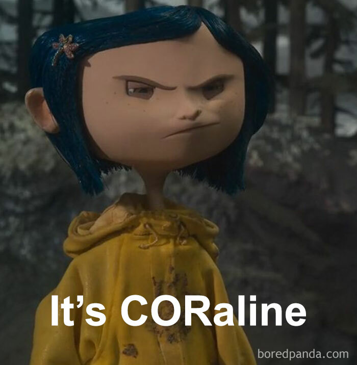 Animated character Coraline wearing a yellow raincoat and expressing anger in a dark forest background.