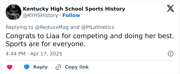 Tweet from Kentucky High School Sports History showing support for transgender athlete after cis rivals refuse podium share. Tweet from Kentucky High School Sports History showing support for transgender athlete after cis rivals refuse podium share.