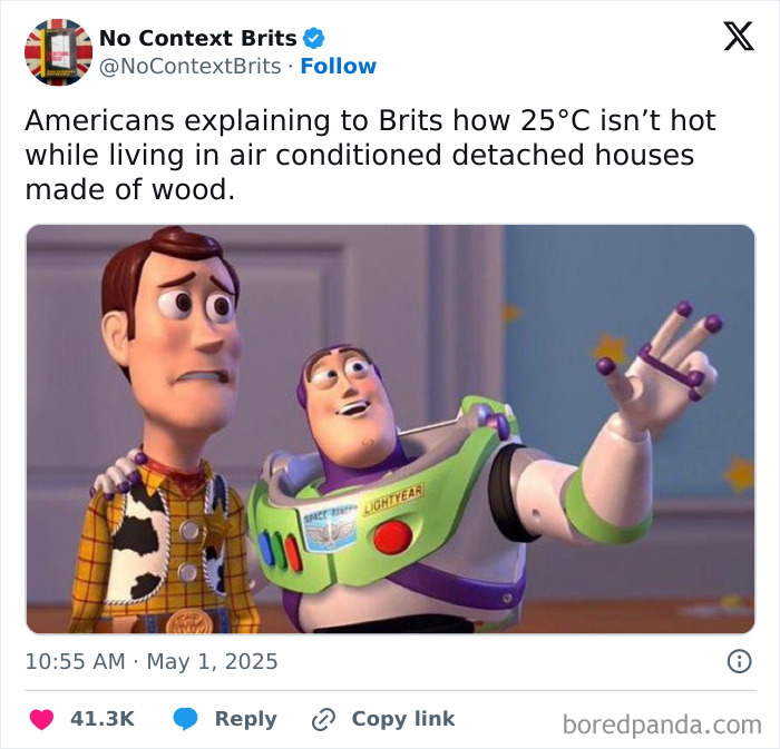 British humor meme with Toy Story characters illustrating cultural differences in perceiving 25°C warmth.