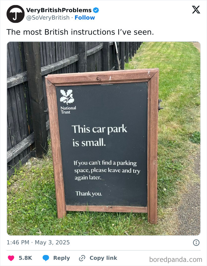 British humour shown in a funny National Trust car park sign with polite parking instructions and witty British comedian style.
